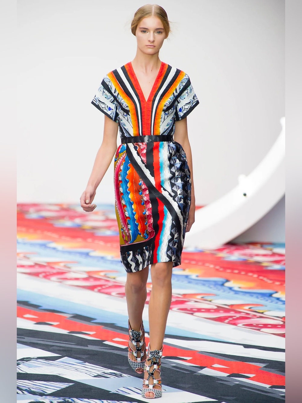 Peter Pilotto Runway Silk Abstract Stripe V Neck Dress US 10